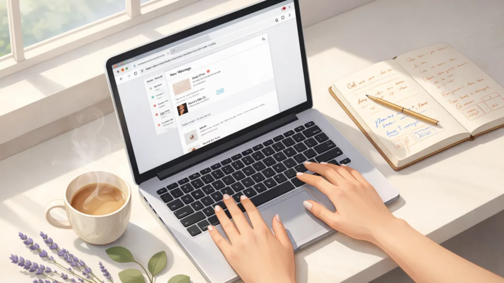 Illustration d'une femme écrivant une newsletter à ses clientes. 