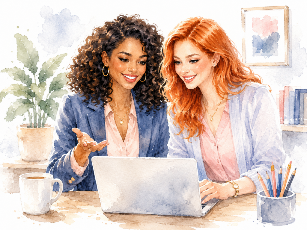 Deux entrepreneures discutant de SEO devant un ordinateur.