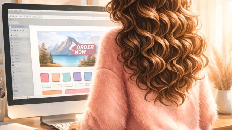 Illustration d'une femme vue de dos se tenant devant un grand écran d'ordinateur créant sa landing page.