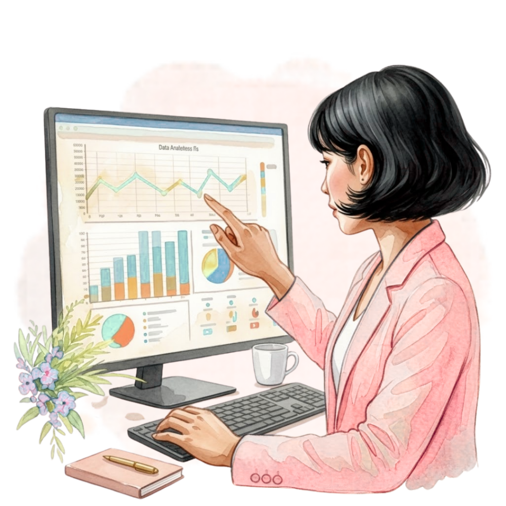 Illustration d'une femme aux cheveux noirs et courts vérifiant les statistiques de sa landing page sur son ordinateur.