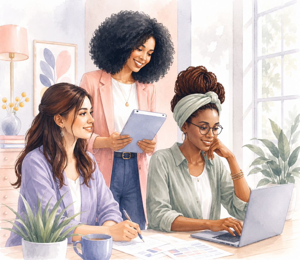 Trois femmes en plein travail sur un ordinateur pour valider le thème SEO pour votre entreprise.