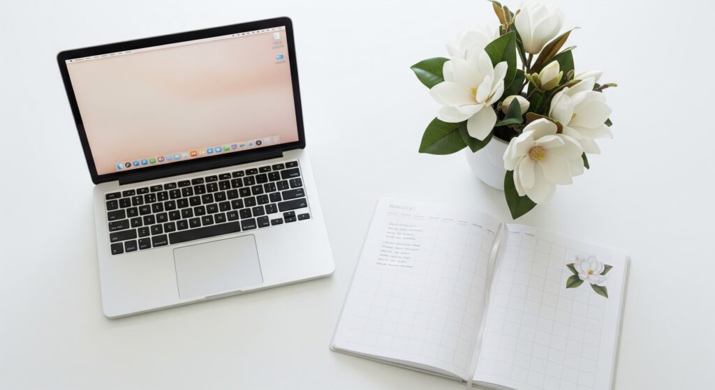 Bureau de travail minimaliste et féminin.