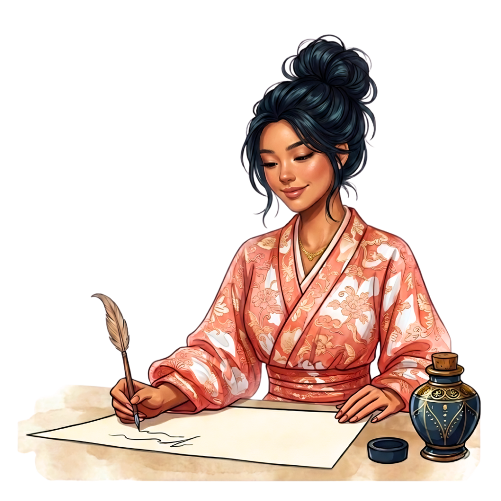Femme asiatique écrivant un post de blog dans son cahier avec un stylo à plume.