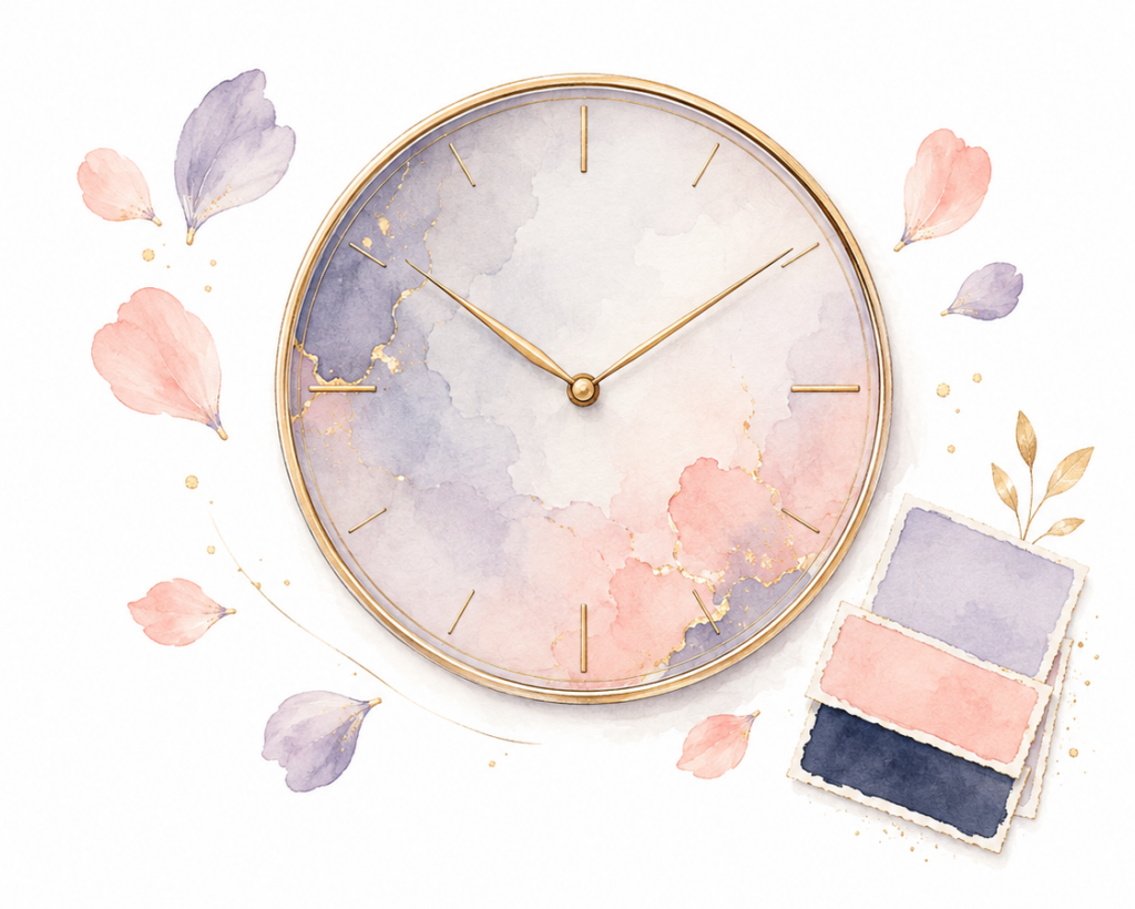 Illustration d'une horloge Illustration d'une horloge et d'un échantillon de couleurs pour l'organisation éditoriale.
