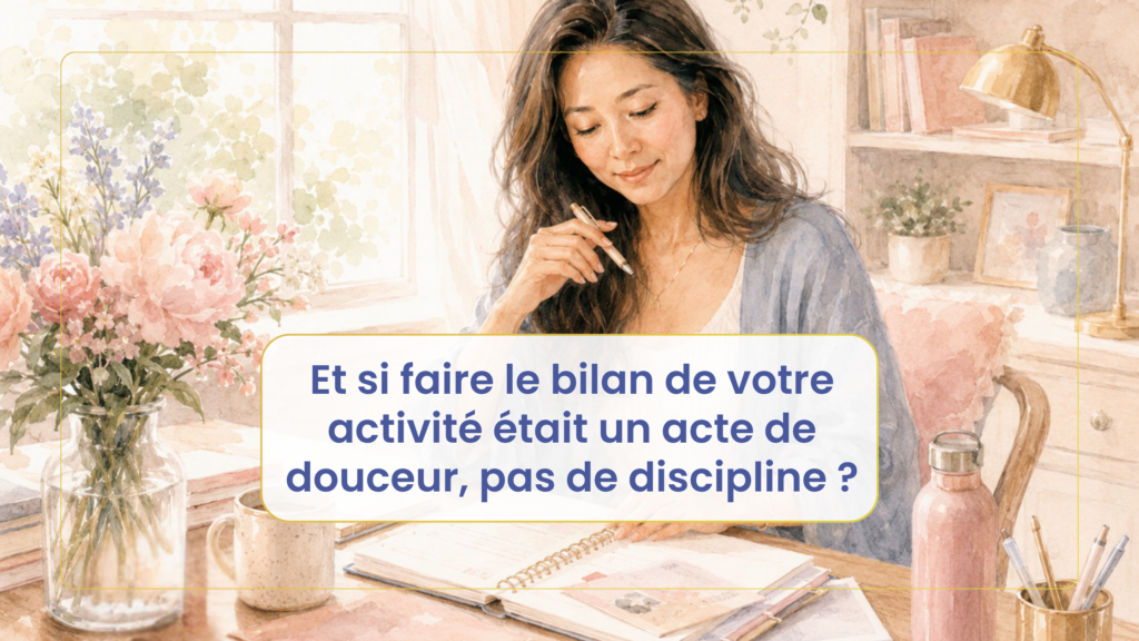 Femme entrepreneure préparant son bilan d'activités.